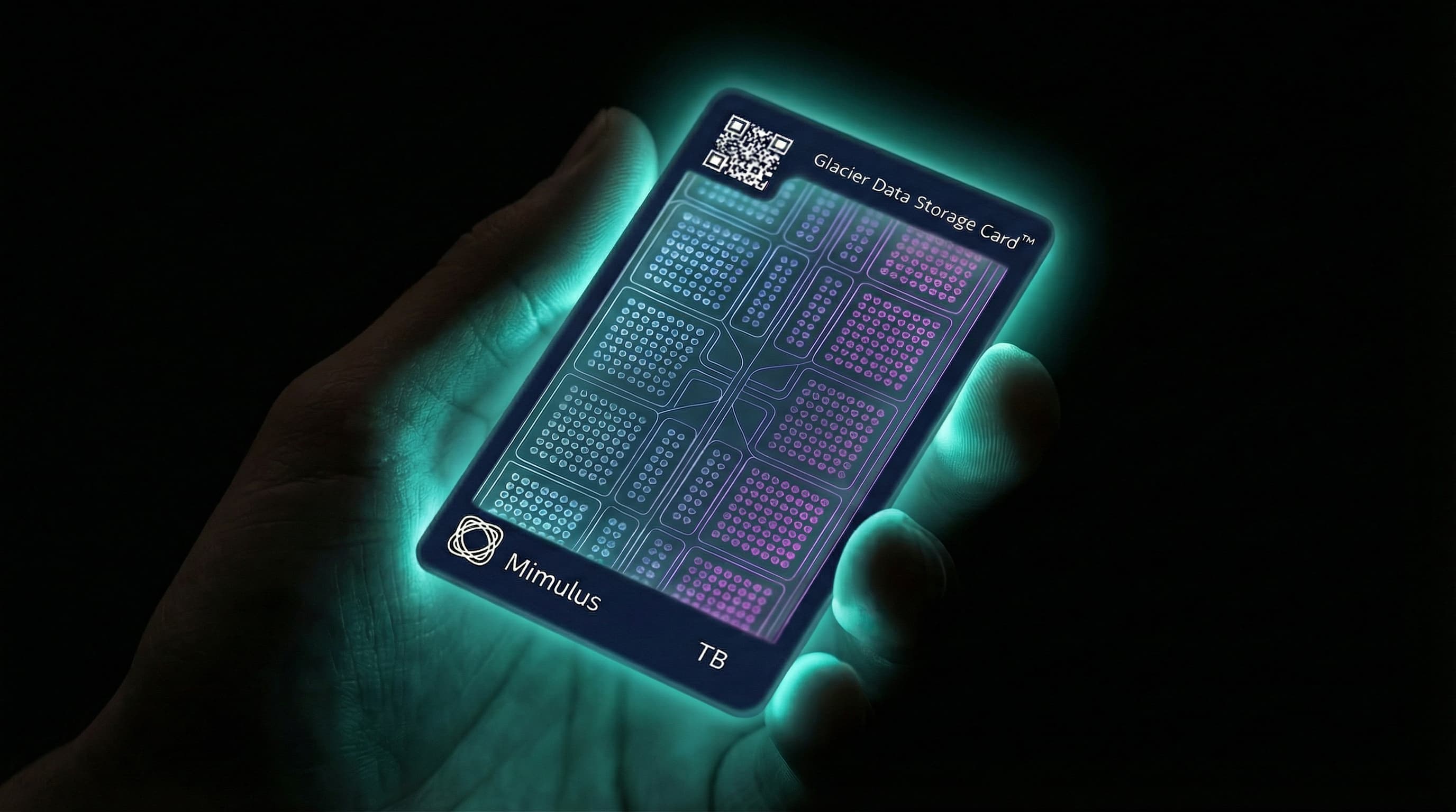 Glacier DNA storage card with teal glow