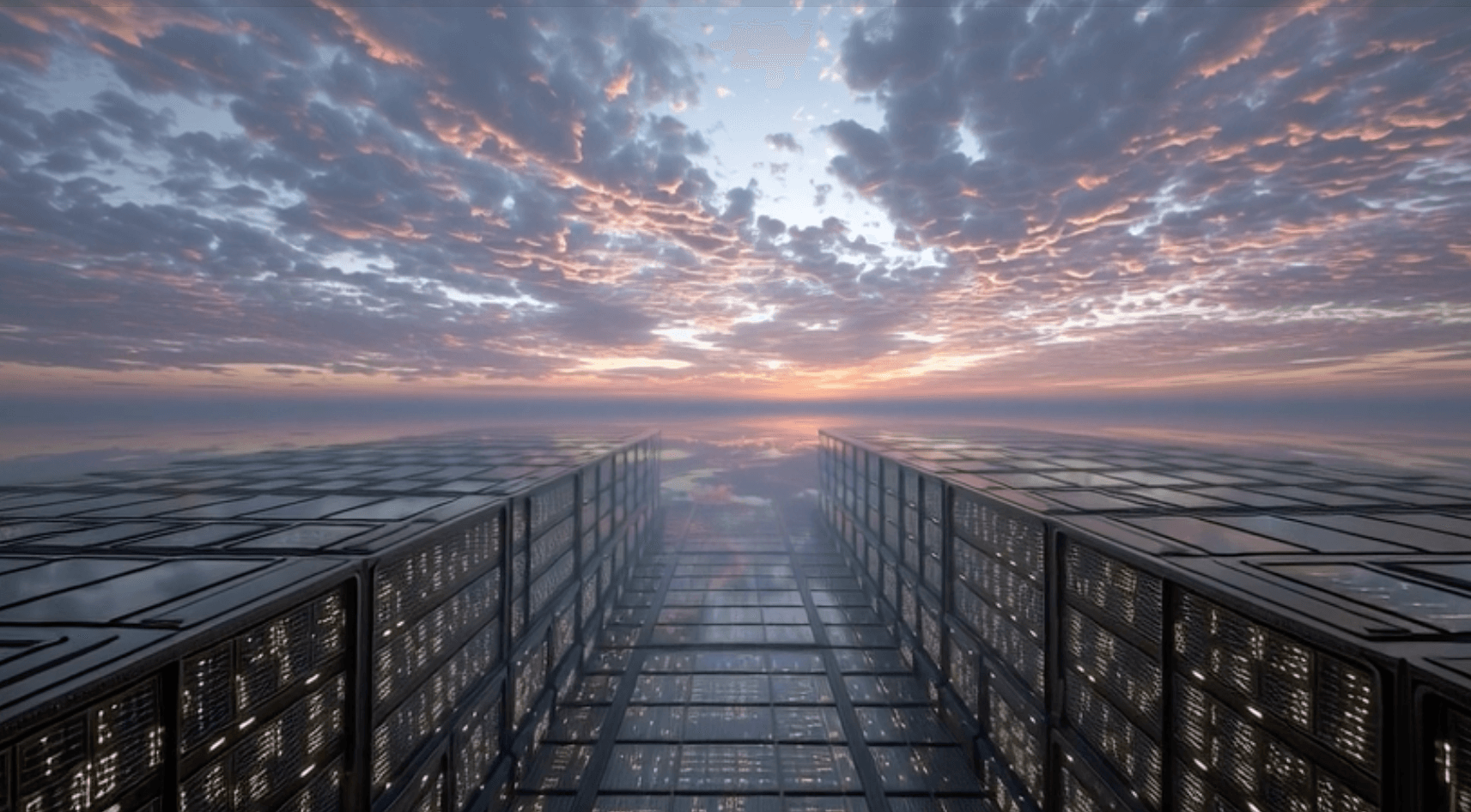 Server racks stretching toward a sunset horizon