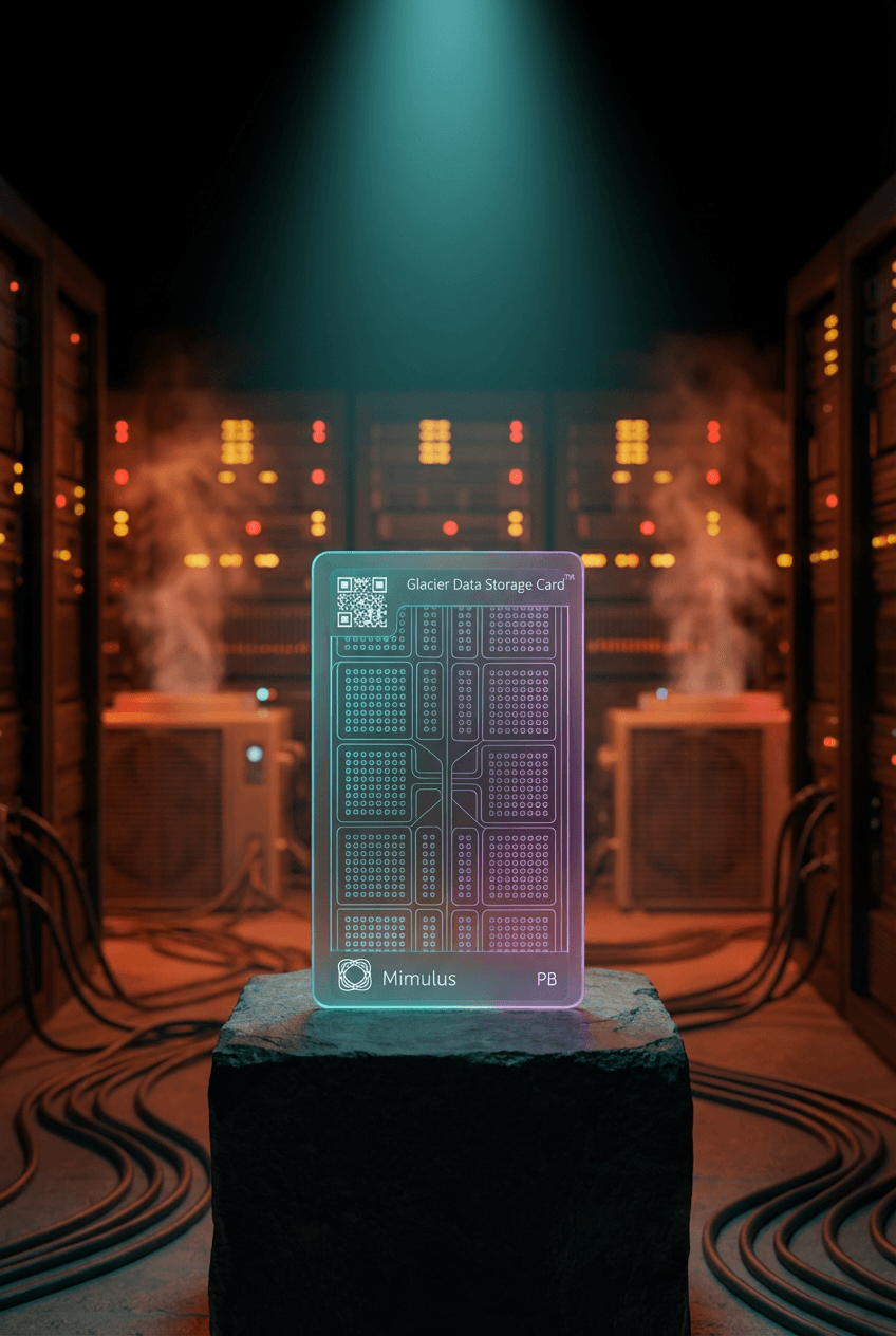 Mimulus Glacier Data Storage Card sitting passive and cable-free on a dark pedestal, contrasted against power-hungry data center infrastructure