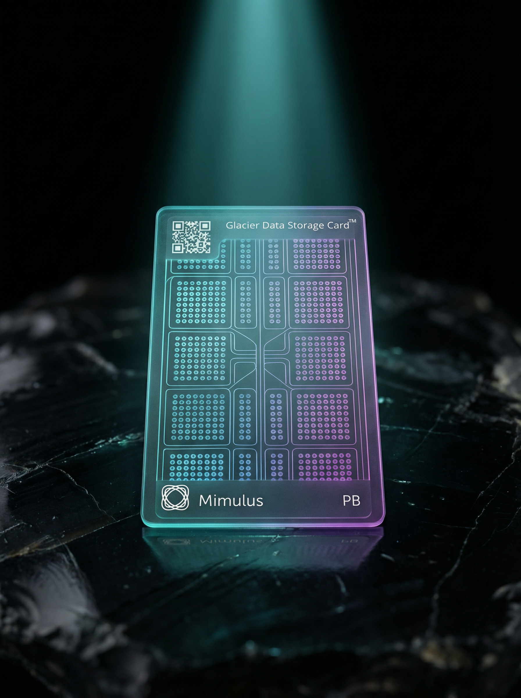Mimulus Glacier Data Storage Card resting on polished obsidian stone